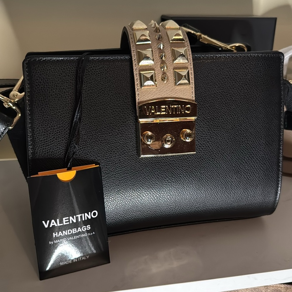 Mario Valentino Black and Gold Crossbody Bag with Studded Clasp NWT